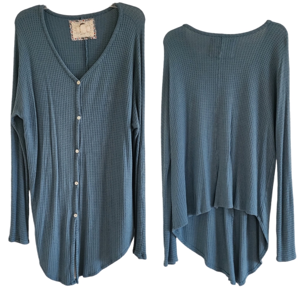 Cupio Blue Waffle Print High Low Button Front Long Sleeve Cardigan Size XL